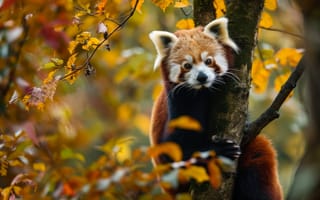 Картинка Красная панда, дикая природа, осенний лес, природа, портреты животных, милые животные, вымирающие виды, осенняя листва, открытый, боке, ИИ искусство