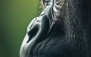 Картинка портрет гориллы, Серебряная горилла, дикая природа, примат крупным планом, портрет животного, зеленый, пристальный взгляд, мощное выражение, величественное существо, ИИ искусство