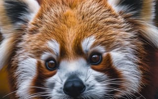 Картинка Красная панда, дикая природа, портрет животного, осенняя листва, природа, милые животные, вымирающие виды, биоразнообразие, сохранение, ИИ искусство