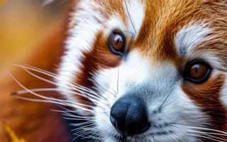 Картинка Красная панда, дикая природа, портрет животного, осенняя листва, природа, милые животные, вымирающие виды, биоразнообразие, сохранение, ИИ искусство