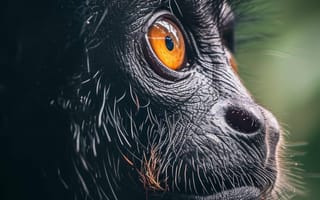 Картинка Портрет обезьяны колобуса, примат крупным планом, глаза диких животных, зеленая природа, пристальный взгляд, черно-белая текстура меха, ИИ искусство