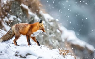 Картинка рыжая лиса, дикая природа, зимняя сцена, снежный пейзаж, природа, портрет животного, открытый, боке, снегопад, зимняя сказка, ИИ искусство