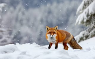 Картинка рыжая лиса, дикая природа, зимняя сцена, снежный пейзаж, природа, портрет животного, открытый, боке, снегопад, зимняя сказка, ИИ искусство