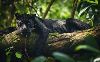 Картинка черная пантера, дикая природа, тропический лес, природа, большие кошки, кошачий, расслабленная поза, ветвь дерева, пышная зелень, ИИ искусство