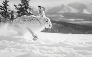 Картинка заяц на снегоступах, Зимняя дикая природа, заснеженный лесной пейзаж, природа, животное в движении, вечнозеленые деревья, нетронутый снег, дикая природа зимой, ИИ искусство