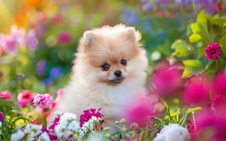Картинка щенок померанского шпица, цветник, домашний питомец, милые животные, весенние цветы, яркие цвета, малая глубина резкости, мечтательное боке, ИИ искусство