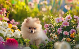 Картинка щенок померанского шпица, цветник, домашний питомец, милые животные, весенние цветы, яркие цвета, малая глубина резкости, мечтательное боке, ИИ искусство