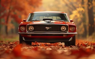 Картинка классический мустанг, старинная машина осенью, Форд Мустанг Босс 429 1969 года выпуска, автомобиль крупным планом, осенние пейзажи, автомобильное искусство, ИИ искусство