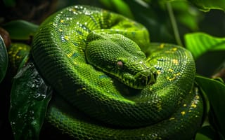 Картинка Зеленый древесный питон, рептилия, змея крупным планом, природа дикая природа, изумрудно-зеленые чешуйки, свернувшийся питон, Рептилии тропического леса, тропические змеи, яркие цвета рептилий, ИИ искусство