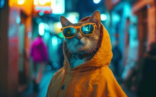 Картинка модный кот, городской стиль, неоновая уличная одежда, ИИ искусство