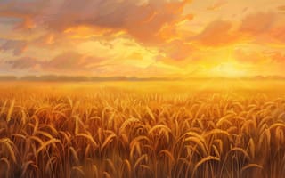 Картинка Пшеничное поле, закатный пейзаж, золотой час, ИИ искусство