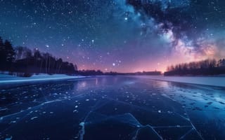 Картинка замерзшее озеро, звездное небо, зимний пейзаж, ИИ искусство
