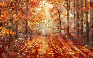 Картинка Осенние листья, лесная сцена, осенние цвета, ИИ искусство