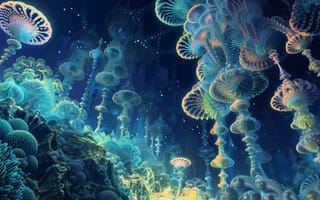 Картинка Глубоководная жидкая метрополия, биолюминесцентная архитектура жидкого коралла, фрактальные шпили полипов, вращающееся световое шоу под водой, ИИ искусство