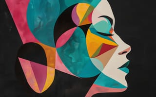 Картинка кубистический портрет, деконструированный профиль, цветовая блокировка, упрощенные формы, женский силуэт, геометрические узоры, ИИ искусство