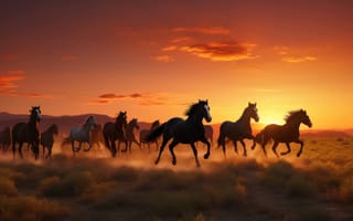 Картинка небо, открытый, лошадь, закат, трава, домашний скот, езда, пустыня, млекопитающее, поле, животное, восход, ковбой, середина пути, ИИ искусство, генеративный ИИ, созданный ИИ
