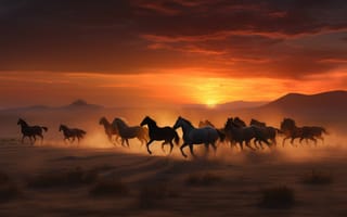 Картинка небо, открытый, лошадь, закат, трава, домашний скот, езда, пустыня, млекопитающее, поле, животное, восход, ковбой, середина пути, ИИ искусство, генеративный ИИ, созданный ИИ