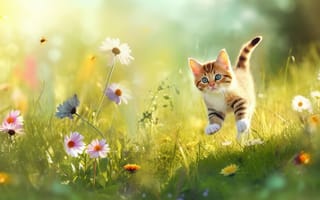 Картинка кот, животное, Домашняя кошка, трава, кошачьих, бакенбарды, млекопитающее, цветок, котенок, желтый, открытый, Китти, середина пути, ИИ искусство, генеративный ИИ, созданный ИИ