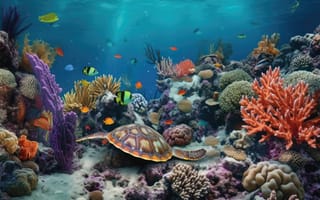 Картинка под водой, Морская биология, организм, вода, риф, животное, коралловый риф, коралл, рыба, аквариум, рыба кораллового рифа, морская черепаха, природа, морские беспозвоночные, каменный коралл, Морская черепаха Ридли Кемпа, поставка рыбы, морская черепаха ястреба, плавание, дайвинг, черепаха, середина пути, ИИ искусство, генеративный ИИ, созданный ИИ