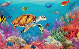 Картинка под водой, Морская биология, организм, вода, риф, животное, коралловый риф, коралл, рыба, аквариум, рыба кораллового рифа, морская черепаха, природа, морские беспозвоночные, каменный коралл, Морская черепаха Ридли Кемпа, поставка рыбы, морская черепаха ястреба, плавание, дайвинг, черепаха, середина пути, ИИ искусство, генеративный ИИ, созданный ИИ