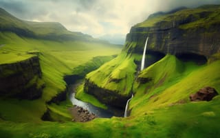 Картинка пейзаж, облако, трава, гора, рисование, водопад, открытый, природа, природный ландшафт, вода, горная местность, зеленый, середина пути, ИИ искусство, генеративный ИИ, созданный ИИ