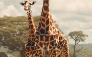 Картинка животное, млекопитающее, жирафа, открытый, небо, трава, наземное животное, дикая природа, жирафы, облако, дерево, стоя, сафари, саванна, поле, окружающая среда, середина пути, ИИ искусство, генеративный ИИ, созданный ИИ