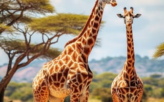 Картинка животное, млекопитающее, жирафа, открытый, небо, трава, наземное животное, дикая природа, жирафы, облако, дерево, стоя, сафари, саванна, поле, окружающая среда, середина пути, ИИ искусство, генеративный ИИ, созданный ИИ