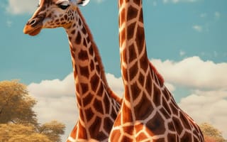Картинка животное, млекопитающее, жирафа, открытый, небо, трава, наземное животное, дикая природа, жирафы, облако, дерево, стоя, сафари, саванна, поле, окружающая среда, середина пути, ИИ искусство, генеративный ИИ, созданный ИИ