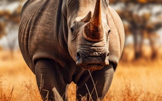 Картинка животное, открытый, млекопитающее, носорог, трава, дикая природа, поле, стоя, середина пути, ИИ искусство, генеративный ИИ, созданный ИИ