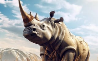 Картинка животное, открытый, млекопитающее, носорог, трава, дикая природа, поле, стоя, середина пути, ИИ искусство, генеративный ИИ, созданный ИИ