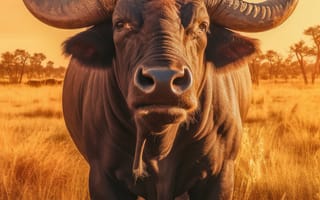 Картинка животное, рог, млекопитающее, бык, открытый, трава, крупный рогатый скот, наземное животное, небо, бычий, буйвол, поле, пейзаж, дикая природа, середина пути, ИИ искусство, генеративный ИИ, созданный ИИ
