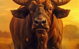 Картинка животное, рог, млекопитающее, бык, открытый, трава, крупный рогатый скот, наземное животное, небо, бычий, буйвол, поле, пейзаж, дикая природа, середина пути, ИИ искусство, генеративный ИИ, созданный ИИ