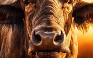 Картинка животное, рог, млекопитающее, бык, открытый, трава, крупный рогатый скот, наземное животное, небо, бычий, буйвол, поле, пейзаж, дикая природа, середина пути, ИИ искусство, генеративный ИИ, созданный ИИ