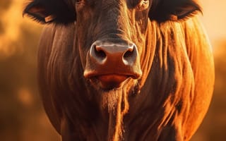 Картинка животное, рог, млекопитающее, бык, открытый, трава, крупный рогатый скот, наземное животное, небо, бычий, буйвол, поле, пейзаж, дикая природа, середина пути, ИИ искусство, генеративный ИИ, созданный ИИ