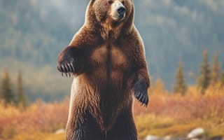 Картинка медведь, облако, животное, открытый, бурый медведь, млекопитающее, гора, Кадьяк медведь, медведь гризли, небо, коричневый, природа, середина пути, ИИ искусство, генеративный ИИ, созданный ИИ