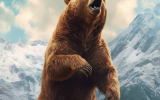 Картинка медведь, облако, животное, открытый, бурый медведь, млекопитающее, гора, Кадьяк медведь, медведь гризли, небо, коричневый, природа, середина пути, ИИ искусство, генеративный ИИ, созданный ИИ