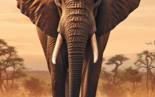 Картинка животное, млекопитающее, слон, открытый, небо, дикая природа, слоны и мамонты, азиатский слон, индийский слон, облако, трава, Африканский слон, наземное животное, сафари, бивень, стоя, земля, поле, середина пути, ИИ искусство, генеративный ИИ, созданный ИИ