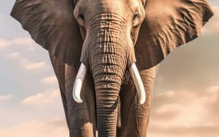 Картинка животное, млекопитающее, слон, открытый, небо, дикая природа, слоны и мамонты, азиатский слон, индийский слон, облако, трава, Африканский слон, наземное животное, сафари, бивень, стоя, земля, поле, середина пути, ИИ искусство, генеративный ИИ, созданный ИИ