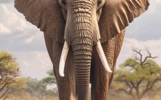 Картинка животное, млекопитающее, слон, открытый, небо, дикая природа, слоны и мамонты, азиатский слон, индийский слон, облако, трава, Африканский слон, наземное животное, сафари, бивень, стоя, земля, поле, середина пути, ИИ искусство, генеративный ИИ, созданный ИИ
