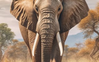 Картинка животное, млекопитающее, открытый, слон, небо, дикая природа, облако, слоны и мамонты, наземное животное, трава, азиатский слон, индийский слон, Африканский слон, бивень, сафари, стоя, земля, поле, середина пути, ИИ искусство, генеративный ИИ, созданный ИИ