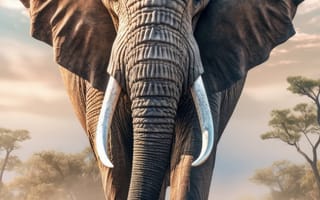 Картинка животное, млекопитающее, открытый, слон, небо, дикая природа, облако, слоны и мамонты, наземное животное, трава, азиатский слон, индийский слон, Африканский слон, бивень, сафари, стоя, земля, поле, середина пути, ИИ искусство, генеративный ИИ, созданный ИИ