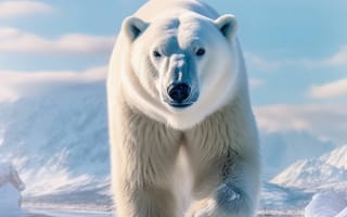 Картинка животное, медведь, млекопитающее, открытый, полярный, облако, Полярный медведь, Арктический, снег, середина пути, ИИ искусство, генеративный ИИ, созданный ИИ