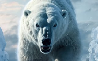 Картинка животное, медведь, млекопитающее, открытый, полярный, облако, Полярный медведь, Арктический, снег, середина пути, ИИ искусство, генеративный ИИ, созданный ИИ