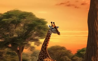 Картинка животное, млекопитающее, жирафа, открытый, облако, небо, дикая природа, жирафы, дерево, наземное животное, стоя, рисование, восход, трава, закат, поле, середина пути, ИИ искусство, генеративный ИИ, созданный ИИ