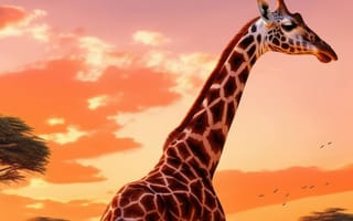 Картинка животное, млекопитающее, жирафа, открытый, облако, небо, дикая природа, жирафы, дерево, наземное животное, стоя, рисование, восход, трава, закат, поле, середина пути, ИИ искусство, генеративный ИИ, созданный ИИ