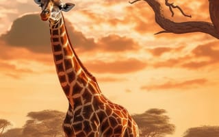 Картинка животное, млекопитающее, жирафа, открытый, облако, небо, дикая природа, жирафы, дерево, наземное животное, стоя, рисование, восход, трава, закат, поле, середина пути, ИИ искусство, генеративный ИИ, созданный ИИ