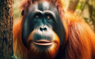 Картинка животное, млекопитающее, примат, обезьяна, наземное животное, орангутан, большая обезьяна, зоопарк, открытый, дикая природа, середина пути, ИИ искусство, генеративный ИИ, созданный ИИ