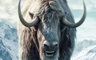 Картинка млекопитающее, животное, рог, снег, бык, як, открытый, небо, овцебык, буйвол, середина пути, ИИ искусство, генеративный ИИ, созданный ИИ