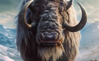 Картинка млекопитающее, животное, рог, снег, бык, як, открытый, небо, овцебык, буйвол, середина пути, ИИ искусство, генеративный ИИ, созданный ИИ