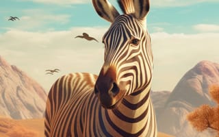 Картинка животное, млекопитающее, открытый, зебра, небо, трава, облако, рисование, дикая природа, поле, наземное животное, стоя, середина пути, ИИ искусство, генеративный ИИ, созданный ИИ